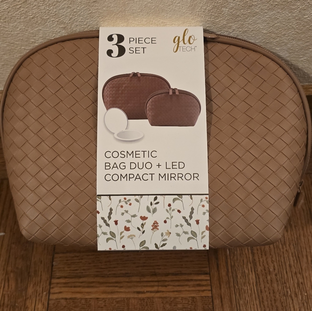 Glow Tech Cosmetic 3 Piece Set Mocha Color Bag Duo Led Compact Mirror